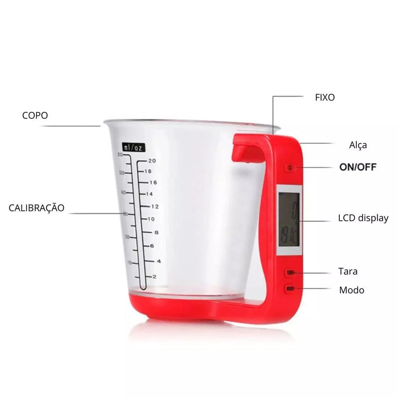 Copo Medidor INTELIGENTE 3 em 1  a bateria, Mede Peso, Volume e Temperatura